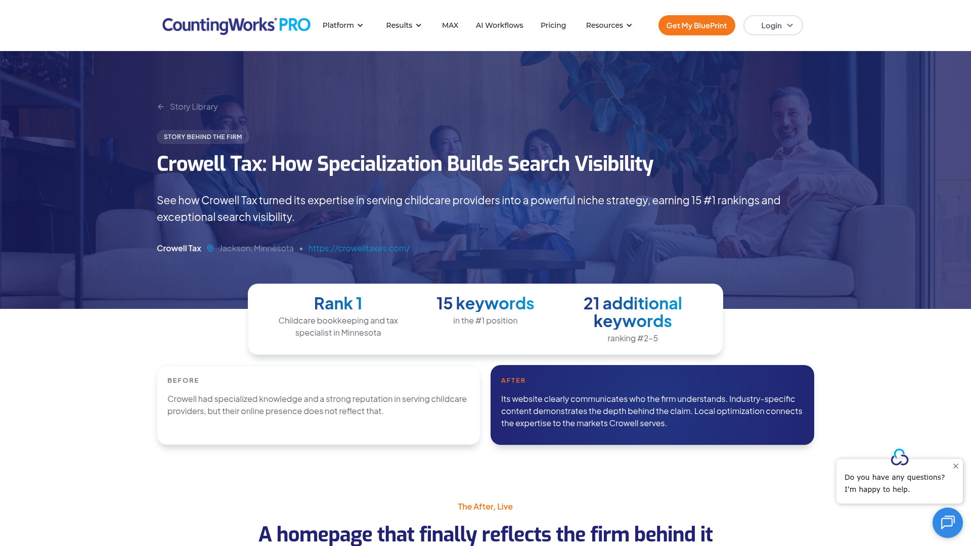 Published CountingWorks PRO Story Behind the Firm page for Crowell Tax